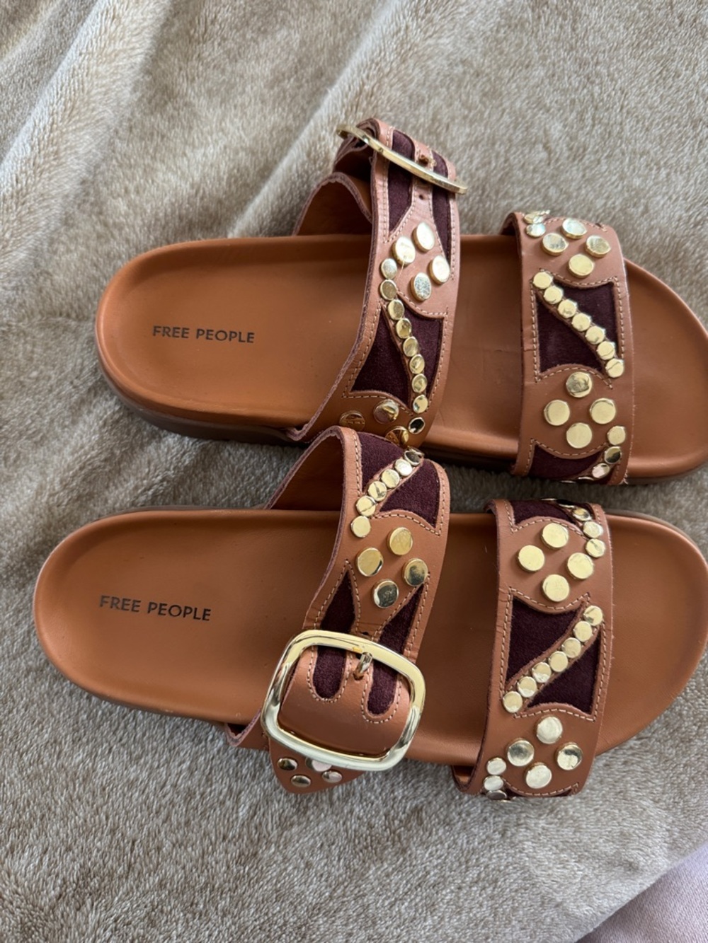 Free People Brown Leather Slide Sandals with Gold Studs - Picture 2 of 11